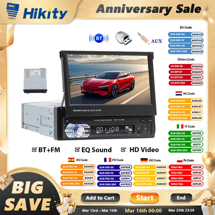 Hikity Car Radio 1DIN 7 inch HD Retractable Touch Screen MP5 Multimedia Player BT FM SD EQ USB AUX Stereo Audio Remote Control