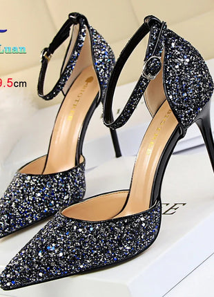Sandali da Donna con Paillettes 2025, 9.5cm 7.5cm, Fibbia alla Caviglia, Tacco a Spillo per Matrimonio, Nuove Scarpe Classiche con Tacco Alto, Taglie 34-40