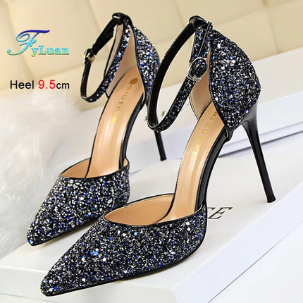 Sandali da Donna con Paillettes 2025, 9.5cm 7.5cm, Fibbia alla Caviglia, Tacco a Spillo per Matrimonio, Nuove Scarpe Classiche con Tacco Alto, Taglie 34-40