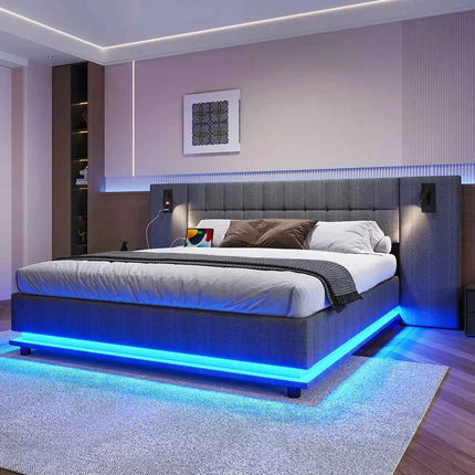 KOMHTOM Padding bed 180x200cm Linen with LED strip headboard spot and USB port-Without mattress