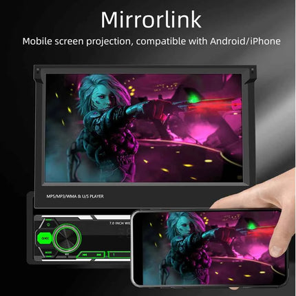 1Din Car Radio 7Inch Automatic Retractable Touch Screen Wireless Carplay Android auto MP5 Multimedia Player Bluetooth FM RDS AUX