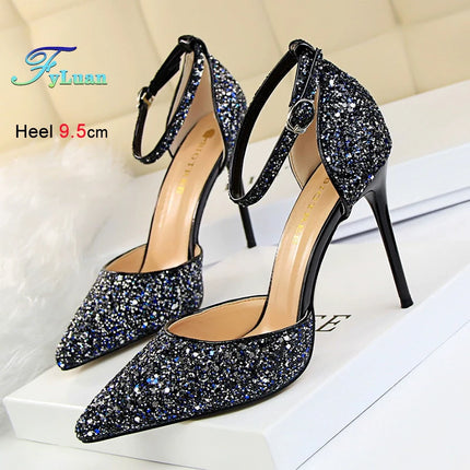 Sandali da Donna con Paillettes 2025, 9.5cm 7.5cm, Fibbia alla Caviglia, Tacco a Spillo per Matrimonio, Nuove Scarpe Classiche con Tacco Alto, Taglie 34-40