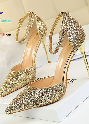 Sandali da Donna con Paillettes 2025, 9.5cm 7.5cm, Fibbia alla Caviglia, Tacco a Spillo per Matrimonio, Nuove Scarpe Classiche con Tacco Alto, Taglie 34-40