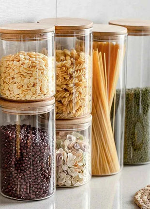 5pc 300/550/950ml Glass Food Storage Containers With Wooden Lid Kitchen Sealed Jar Food Storage Multigrain Tank Bottle