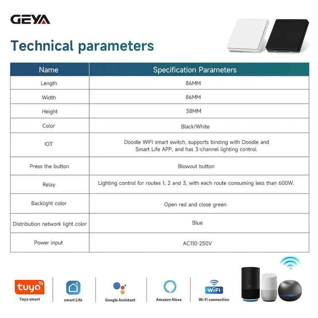 GEYA GSW6-S 1/2/3gang 86-Type Push-Button WiFi Smart Switch (Line-Neutral Version) - Wall Switch