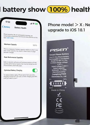 PISEN Phone Battery For iPhone 11 12 13 14 15 Mini Pro Max Plus SE2 SE3 Matches Original Capacity 0 Cycles Battery Replacement