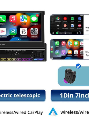 Car Radio Automatic Retractable Screen 7Inch 1Din Wireless CarPlay Android auto Car MP5 Video Player Bluetooth FM RDS USB AUX