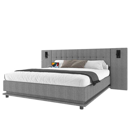 KOMHTOM Padding bed 180x200cm Linen with LED strip headboard spot and USB port-Without mattress