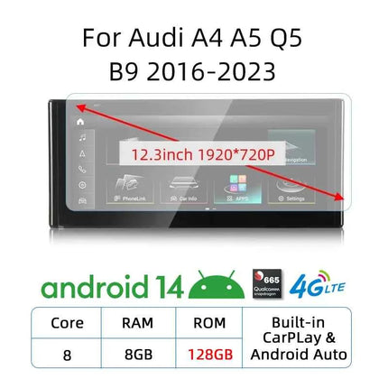 12.3 Android 14 Wireless Carplay For Audi A4 A5 Q5 B9 2017 2016-2023 IPS Touch Screen WIFI Multimedia Stereo GPS Navi Receiver