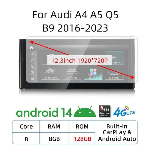 12.3 Android 14 Wireless Carplay For Audi A4 A5 Q5 B9 2017 2016-2023 IPS Touch Screen WIFI Multimedia Stereo GPS Navi Receiver
