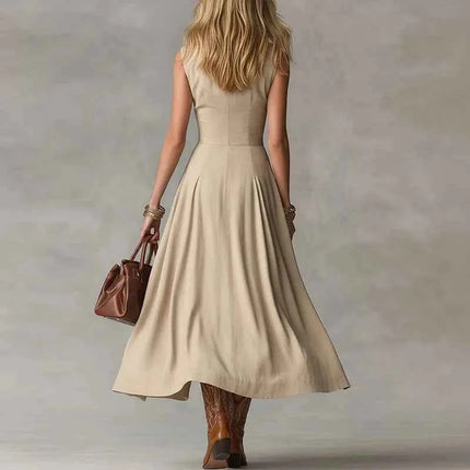 Abito lungo estivo da donna 2026 senza maniche, sexy, con bottoni e risvolto, a vita alta, stile bohémien, arricciato, tinta unita, per vacanze