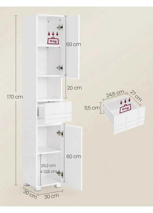 VASAGLE Tall Bathroom Cabinet, Slim Storage, Narrow Cupboard, Drawer, Adjustable Shelves, 30 x 30 x 170 cm, White