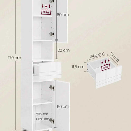 VASAGLE Tall Bathroom Cabinet, Slim Storage, Narrow Cupboard, Drawer, Adjustable Shelves, 30 x 30 x 170 cm, White
