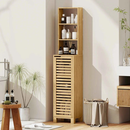Homcom Tall Narrow Bamboo Bathroom Cabinet with 3 Open Shelves Slatted Door Adjustable Shelves Natural