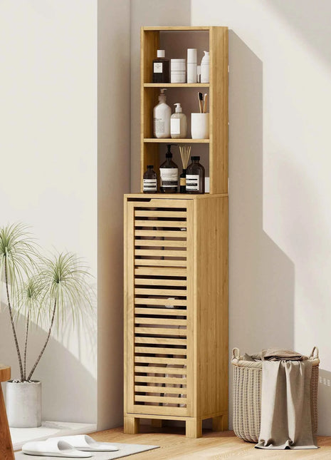 Homcom Tall Narrow Bamboo Bathroom Cabinet with 3 Open Shelves Slatted Door Adjustable Shelves Natural