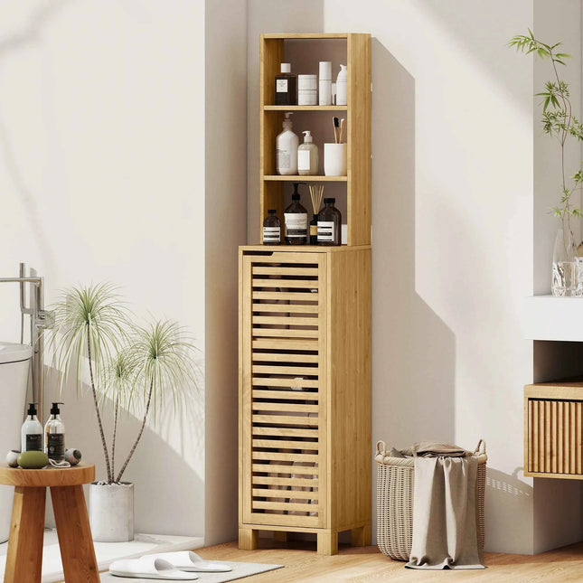 Homcom Tall Narrow Bamboo Bathroom Cabinet with 3 Open Shelves Slatted Door Adjustable Shelves Natural