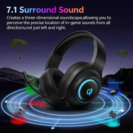 QCY Heroad V200 Over Ear Headphones Bluetooth 6.0 Wireless Earphones 50mm Driver 7.1 Surround Sound RGB Gaming Headset with Mic