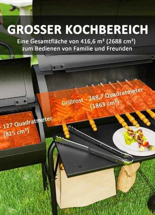 Charcoal grill made of steel, BBQ smoker with lid, charcoal grill trolley for barbecue, camping, garden 109 x 60 x 120 cm