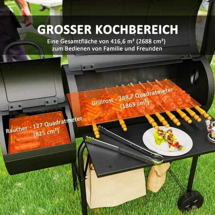 Charcoal grill made of steel, BBQ smoker with lid, charcoal grill trolley for barbecue, camping, garden 109 x 60 x 120 cm