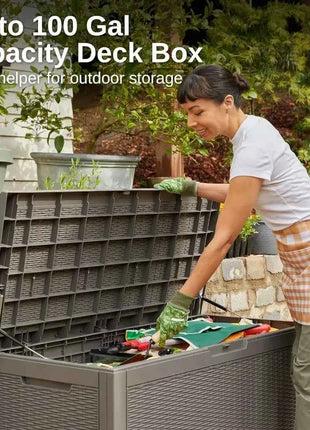 Outdoor Storage Box, 100 Gallon Deck Box, Waterproof Resin Storage Bench for Patio Cushions