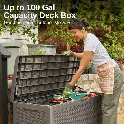 Outdoor Storage Box, 100 Gallon Deck Box, Waterproof Resin Storage Bench for Patio Cushions