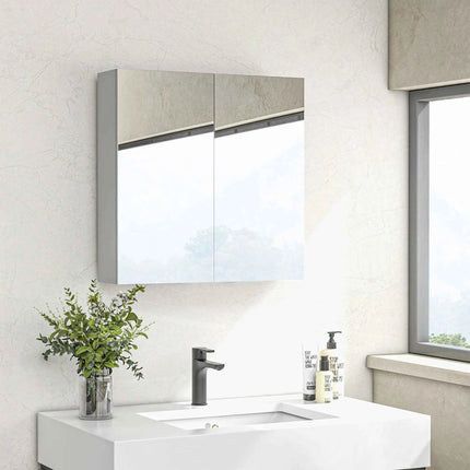 Kleankin Bathroom Mirror Bathroom Container with 2 Ante Soft Close, 60x15x60 cm Bathroom Cabinet with Mirror, Adjustable Shelves, Furniture Bathroom Floor-saving Glass Wall, Polished White