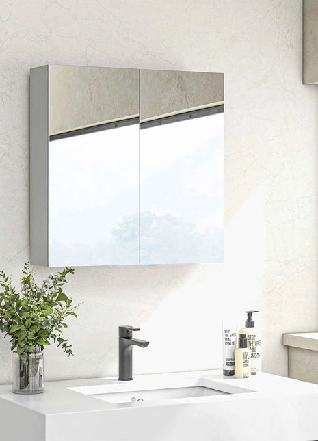 Kleankin Bathroom Mirror Bathroom Container with 2 Ante Soft Close, 60x15x60 cm Bathroom Cabinet with Mirror, Adjustable Shelves, Furniture Bathroom Floor-saving Glass Wall, Polished White