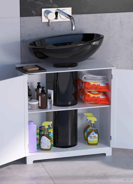 DayPlus Bathroom Under Sink Cabinet Storage Cabinet, Free Standing Wooden Organiser, Floor Basin Cupboard Unit with Double Doors