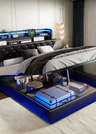 Rosahqnda Upholstered Bed 140/160 x 200 cm with LED Headboard,Hydraulic Storage Space and Metal Frame,Youth Bed,PU