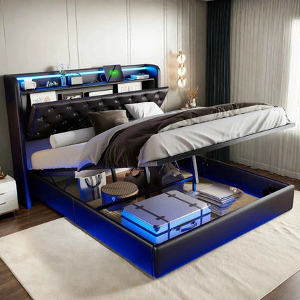 Rosahqnda Upholstered Bed 140/160 x 200 cm with LED Headboard,Hydraulic Storage Space and Metal Frame,Youth Bed,PU