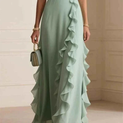 Abito lungo da donna elegante in tinta unita con volant senza maniche sexy con scollo a V Abiti lunghi da sera per feste da donna bohémien alla moda