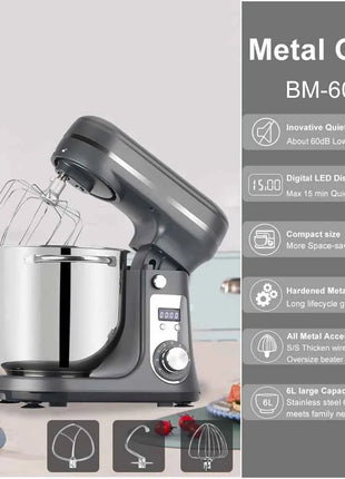 BioloMix 6-speed Kitchen Food Stand Mixer 1200W DC Quiet Motor  6L Stainless Steel Bowl with Cream Egg Whisk Whip Dough Kneader