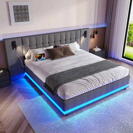 KOMHTOM Padding bed 180x200cm Linen with LED strip headboard spot and USB port-Without mattress