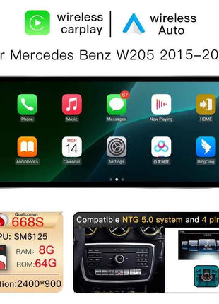 12.8'' 2400*900 High Resolution Android 14 Snapdragon 665 8GB Wireless Carplay Car Screen For Mercedes Benz C Class W205 GLC Class X253 W446 2015-2018 Multimedia Radio Stereo