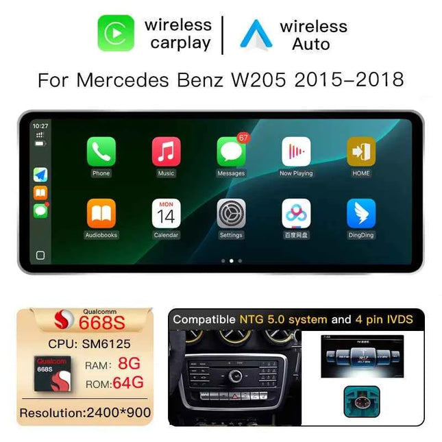 12.8'' 2400*900 High Resolution Android 14 Snapdragon 665 8GB Wireless Carplay Car Screen For Mercedes Benz C Class W205 GLC Class X253 W446 2015-2018 Multimedia Radio Stereo