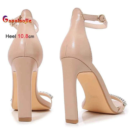 New Fashion strass una parola cinturino scarpe a spillo 10.8 cm tacchi altissimi sandali da donna testa quadrata sandali eleganti di colore nudo