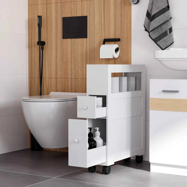HOMCOM bathroom cabinet with wheels 2 drawers and shelf 16x52x71,5 cm White