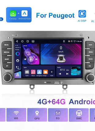 Podofo Wireless CarPlay AI Voice Car Radio Android Auto DSP GPS Multimedia Player For Peugeot 308 (T7) /408 FM/RDS EQ BT WIFI