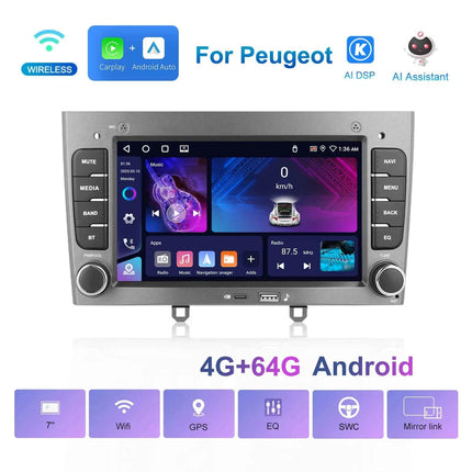 Podofo Wireless CarPlay AI Voice Car Radio Android Auto DSP GPS Multimedia Player For Peugeot 308 (T7) /408 FM/RDS EQ BT WIFI