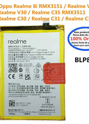 New Original Battery BLP877 For OPPO Realme 8i RMX3151 V20 V30 C35 RMX3511 C30 C31 C33 5000mAh Mobile Phone Bateria Battery