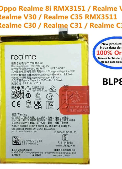 New Original Battery BLP877 For OPPO Realme 8i RMX3151 V20 V30 C35 RMX3511 C30 C31 C33 5000mAh Mobile Phone Bateria Battery