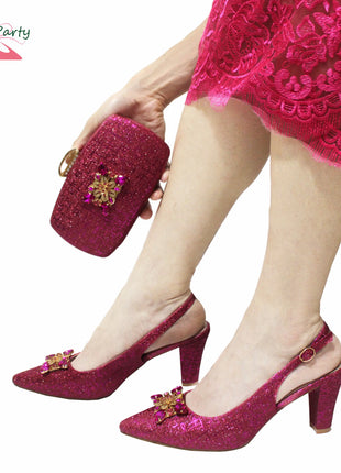 Set di Scarpe e Borsa per Donna Africana in Colore Fucsia, Design Classico Italiano di Alta Qualità con Cristalli Brillanti per Matrimoni e Feste