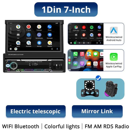 1Din Car Radio 7Inch Automatic Retractable Touch Screen Wireless Carplay Android auto MP5 Multimedia Player Bluetooth FM RDS AUX