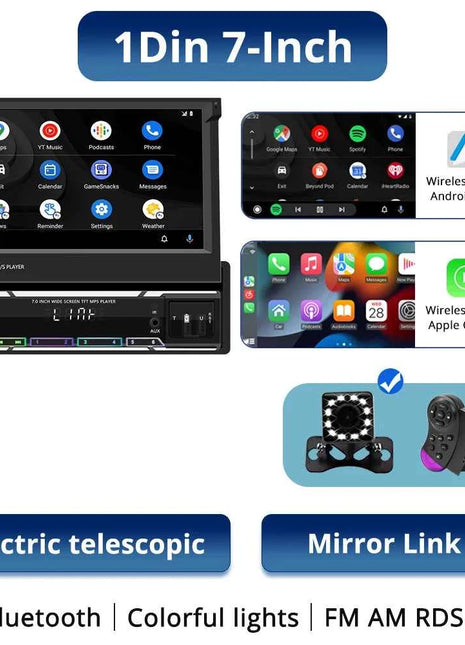 1Din Car Radio 7Inch Automatic Retractable Touch Screen Wireless Carplay Android auto MP5 Multimedia Player Bluetooth FM RDS AUX