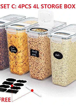 4L Cereal Storage Containers with Lids 1/2/4pcs Airtight Food Moistureproof Tank with Label Stickers Kitchen Organization Box