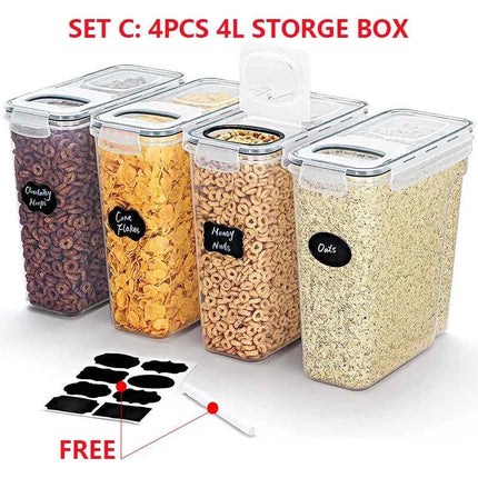 4L Cereal Storage Containers with Lids 1/2/4pcs Airtight Food Moistureproof Tank with Label Stickers Kitchen Organization Box