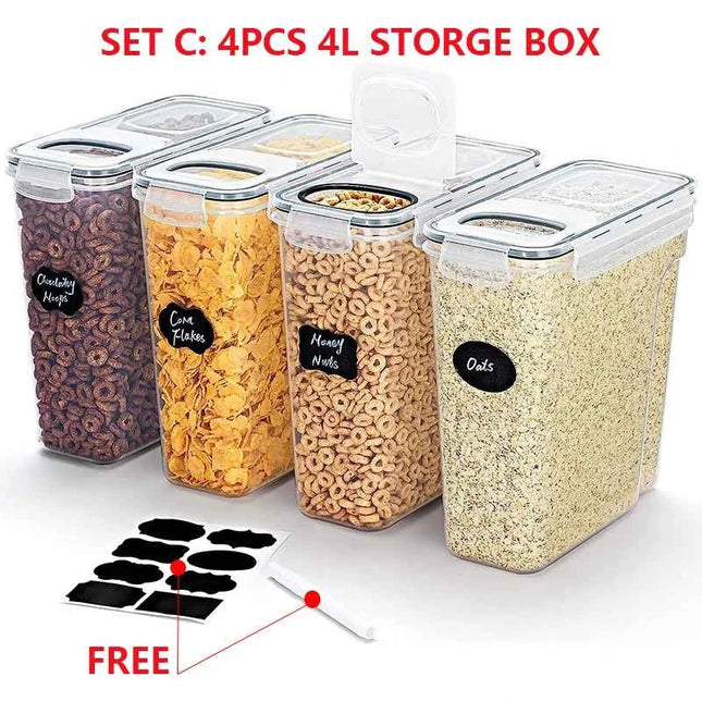 4L Cereal Storage Containers with Lids 1/2/4pcs Airtight Food Moistureproof Tank with Label Stickers Kitchen Organization Box