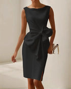 Elegante abito con fiocco solido per le donne Moda senza maniche O collo Pacchetto sottile Abiti alla moda Lady Serata formale Abbigliamento da donna