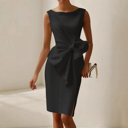 Elegante abito con fiocco solido per le donne Moda senza maniche O collo Pacchetto sottile Abiti alla moda Lady Serata formale Abbigliamento da donna