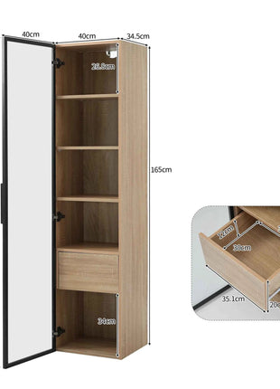Lazyspace 5-Layer Bathroom Cabinet with LED Light Strip, Wooden Bathroom Shelf with 1 Drawers and 1 Glass Door